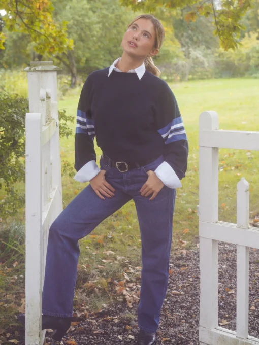 Clearance Djerf Avenue Striped Sleeve Crewneck Blue